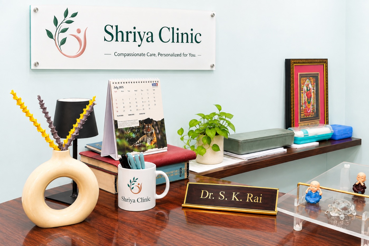 Shriya Clinic reception desk with the clinic signboard and Dr. S. K. Rai nameplate