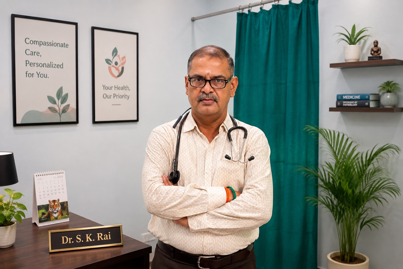 Dr. S. K. Rai in the consultation room at Shriya Clinic, Varanasi